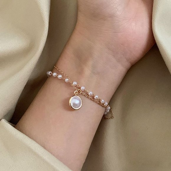 NEW Double Layered Bead Link Chain Faux Pearl Charm Pendant Bracelets Jewelry - Picture 4 of 10